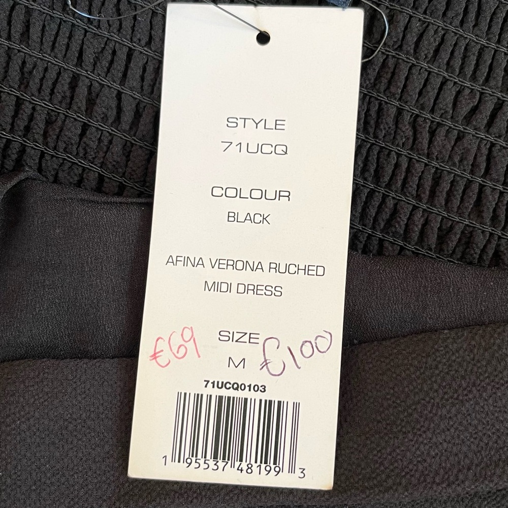 French Connection "Afina" Black Ruched Puff Sleeve Midi Dress with Slit M - Picture 14 of 15
